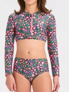 art class Girls Floral Long-Sleeve Rashguard Set - Pink & Green, YM (8), NWOT